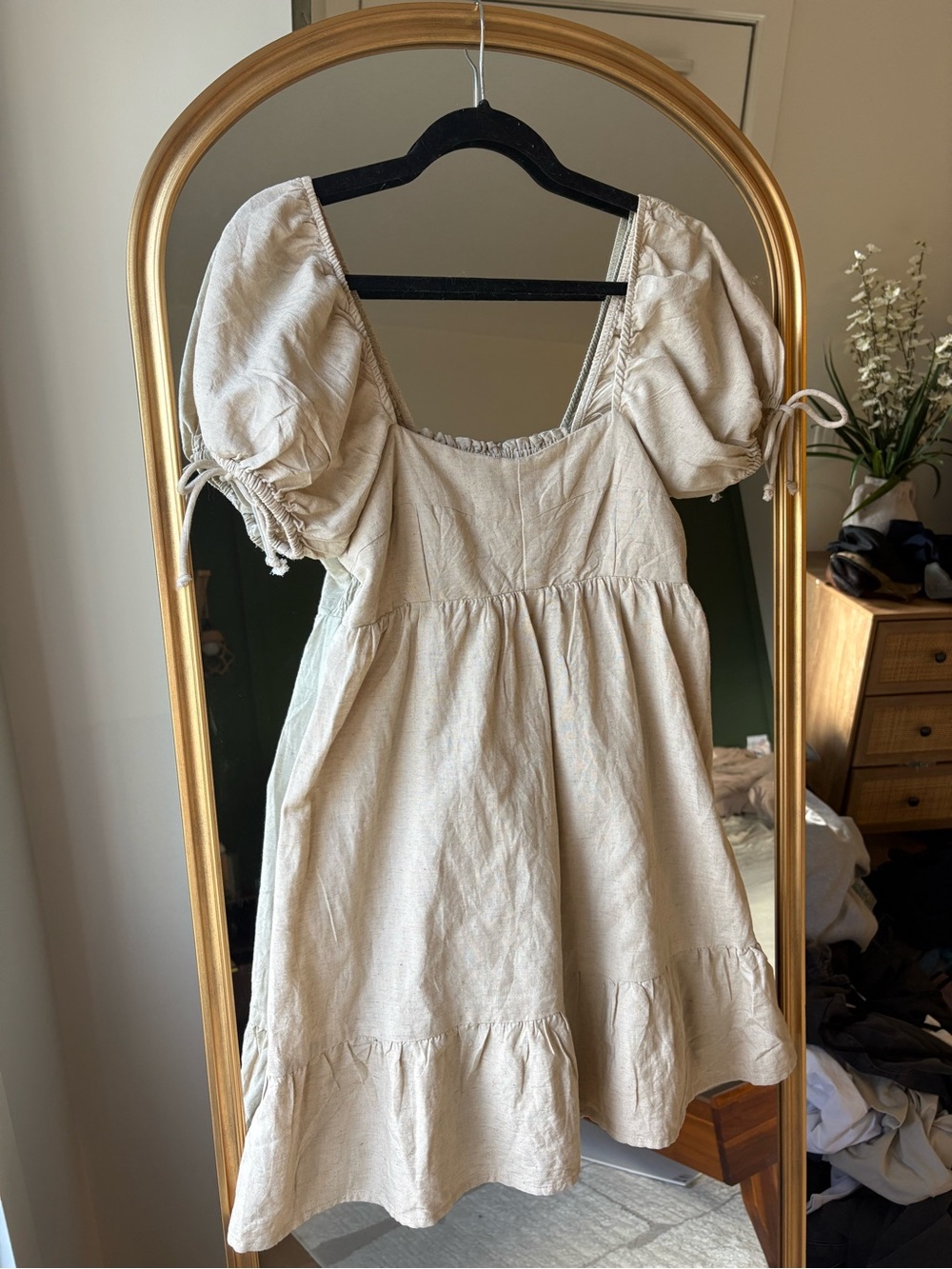 Sim & Sam Cream Puff Sleeve Linen Summer Dress Reversible Light Cream Tan Midi
